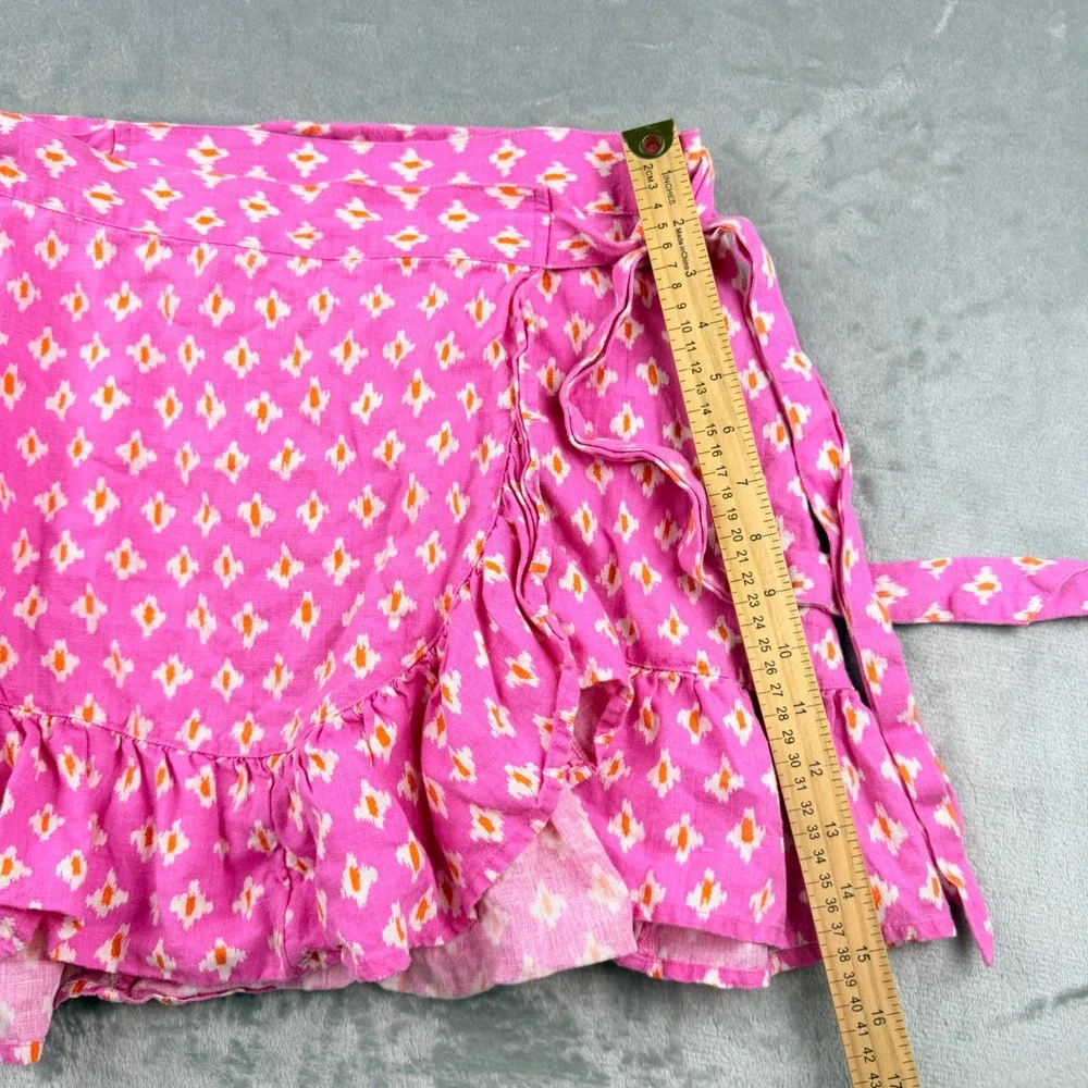 Aerie Pink Ikat Women's Small Linen Blend Ruffle Wrap Mini Skirt
